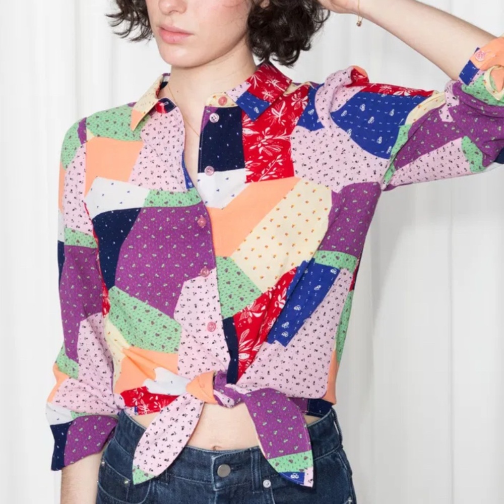 & Other Stories Patchwork Bandana Tie Button Down Shirt | NWT | Size 8